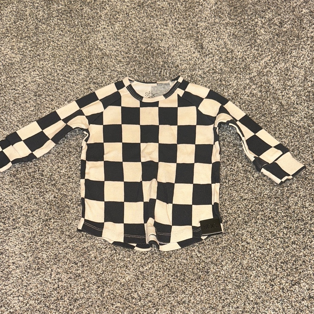 Checkerboard Long Sleeve Kids Tee - Black & Cream